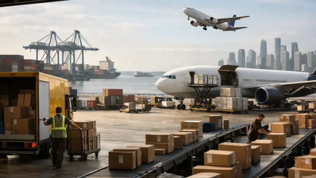 Cargo plane at an airport cargo terminal as workers load boxes from a truck onto a conveyor belt outside the aircraft.