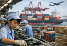 Global Supply Chains Reveal Deep Reliance of Vietnam on FDI Worker in blue uniform and cap examining items on an assembly line, with shipping containers and cranes at a port in the background.
