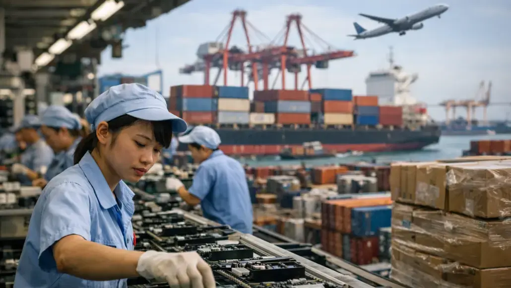 Worker in blue uniform and cap examining items on an assembly line, with shipping containers and cranes at a port in the background.
