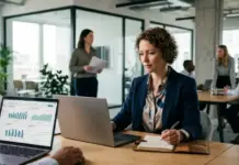 Intelligent Procurement Agents Improving Spend Management Businesswoman in a blue blazer works on a laptop with charts on screen, others collaborate in an open-plan office behind her.