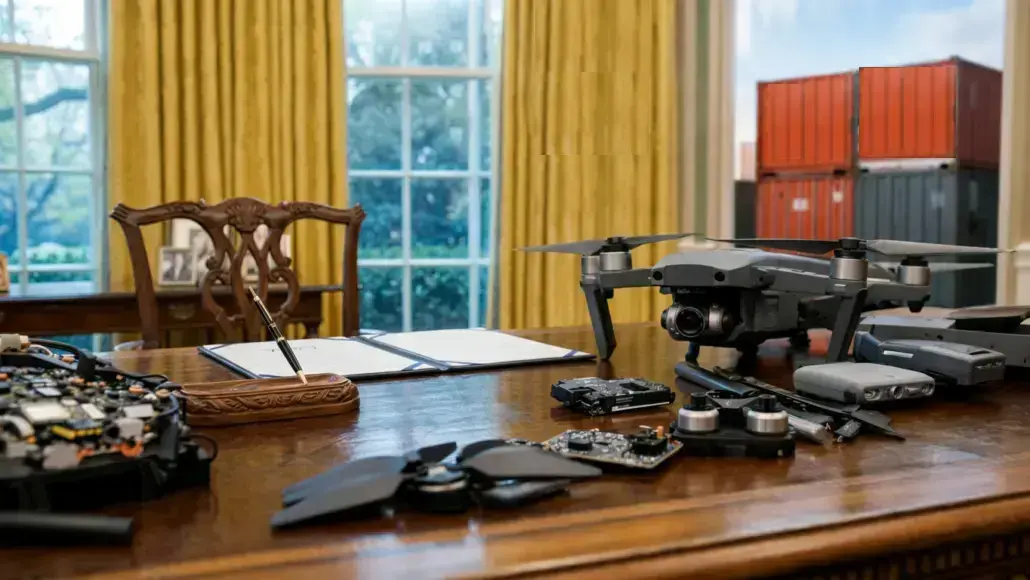 Drone and its disassembled parts spread across a wooden desk in a sunlit room, with a notebook and pen nearby.