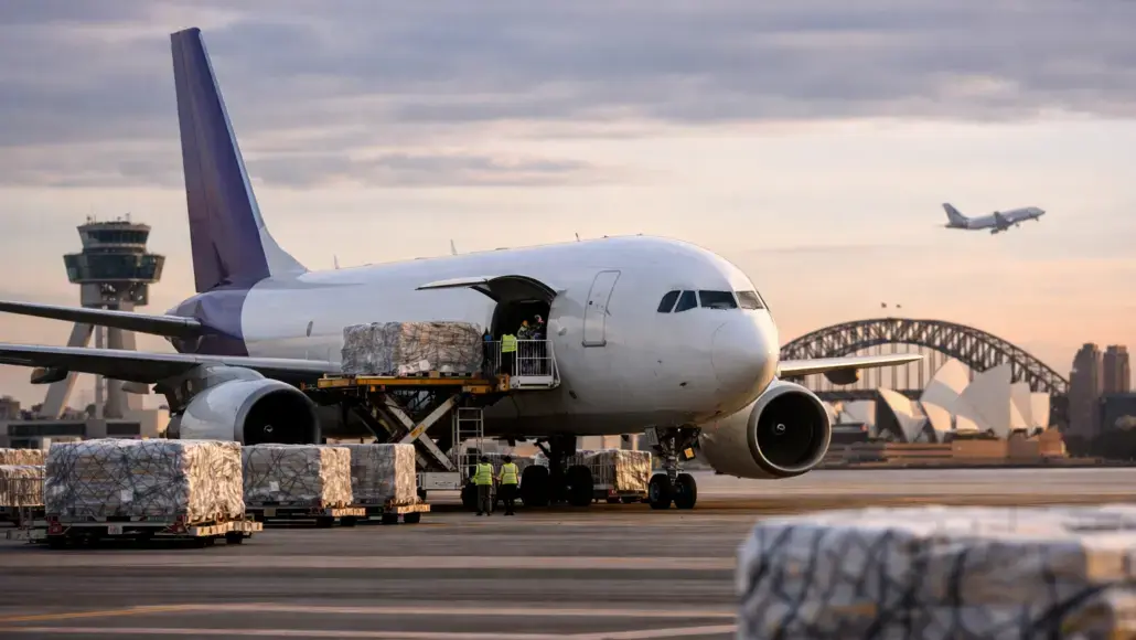 Cargo jet on the tarmac unloading palletized cargo with ground crew nearby; control tower and a city skyline in the background.