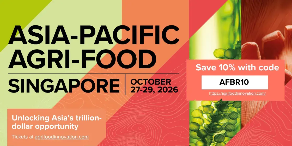 Bright poster for Asia-Pacific Agri-Food Singapore conference, October 27–29, 2026, with discount code AFR10.
