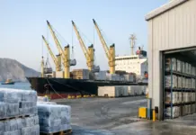 GWC Group Aces Cold Chain Supply Capacity for Frozen Cargo Cargo ship at a port with four large yellow cranes unloading pallets and stacked goods onto ships and trucks, with a warehouse on the right side and distant mountains in the background