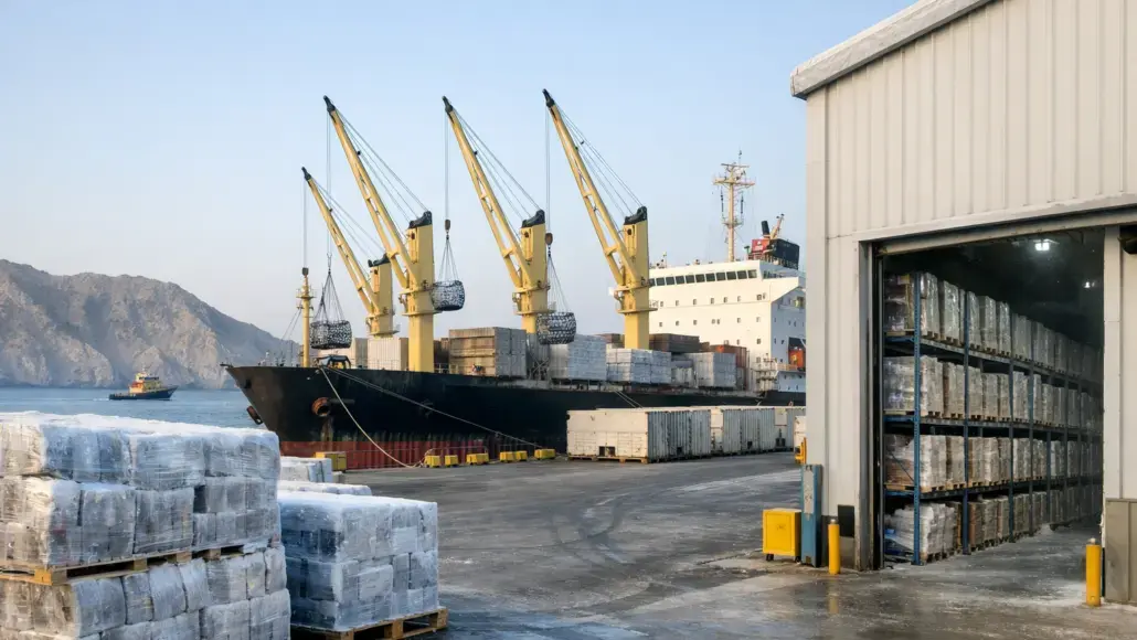 Cargo ship at a port with four large yellow cranes unloading pallets and stacked goods onto ships and trucks, with a warehouse on the right side and distant mountains in the background