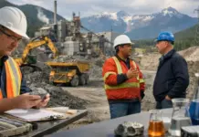 Strengthening Critical Materials Supply Chain of Canada Three construction workers in safety gear chat near heavy machinery at an outdoor site with mountains in the background.