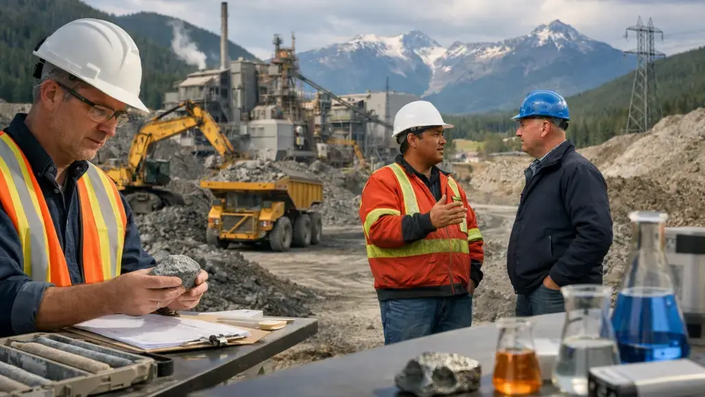Three construction workers in safety gear chat near heavy machinery at an outdoor site with mountains in the background.