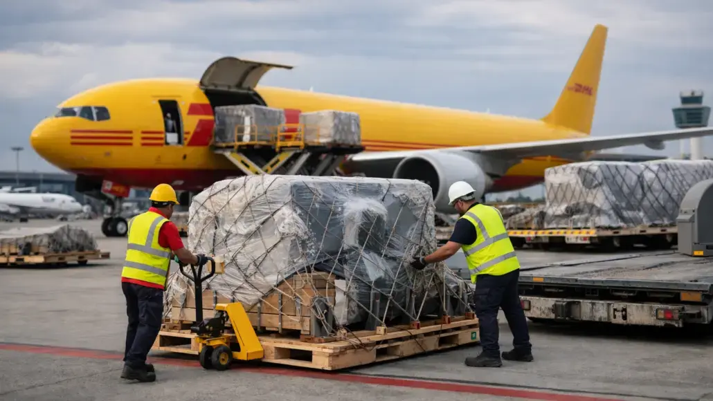 Two workers in high-visibility vests and hard hats load a wrapped pallet from a pallet jack toward a DHL cargo plane on the tarmac.
