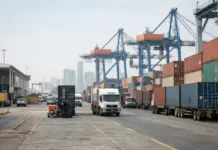 UAE, India Work on Logistics and Integrating Supply Chains Port scene with stacked shipping containers, large gantry cranes, and trucks loading cargo.