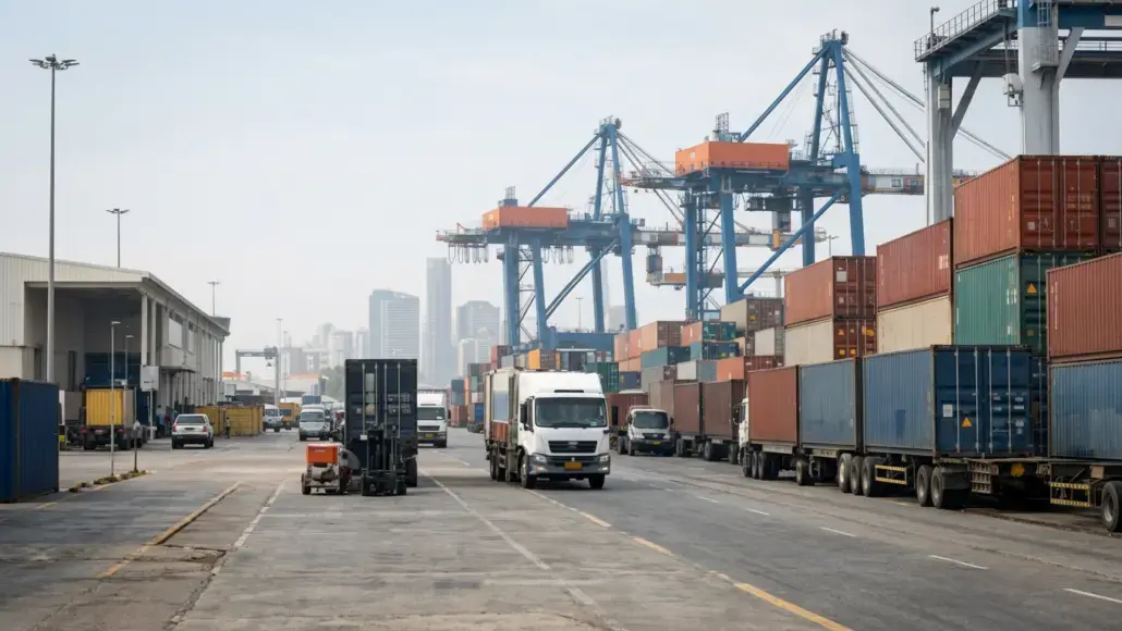 Port scene with stacked shipping containers, large gantry cranes, and trucks loading cargo.