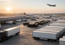 New Global Operating Model Launched by UPS for Faster Growth Sunset at a busy cargo airport: many white trailers lined up on the tarmac as a plane climbs away.