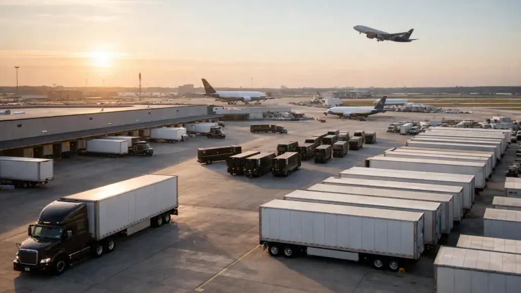 Sunset at a busy cargo airport: many white trailers lined up on the tarmac as a plane climbs away.