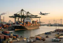 Port of Antwerp-Bruges Key to India-Belgium Supply Chains Large cargo ship loaded with colorful containers at a busy port, with overhead gantry cranes and an airplane taking off in the background at sunset.