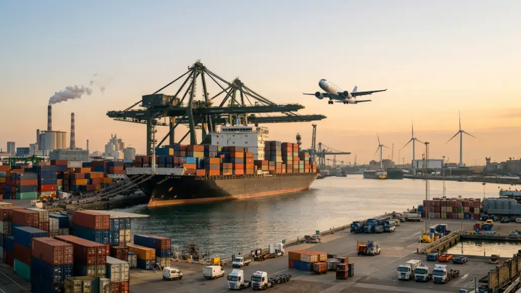 Large cargo ship loaded with colorful containers at a busy port, with overhead gantry cranes and an airplane taking off in the background at sunset.