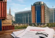 EU Plans a Revamp of Procurement Law to Cut China Dependence Close-up of a 'CONFIDENTIAL' document and reading glasses on a wooden desk, with shipping crates labeled 'Made in China' and a city office building in the background.