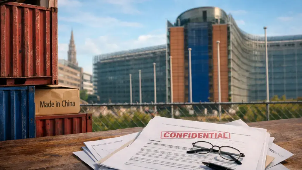 Close-up of a 'CONFIDENTIAL' document and reading glasses on a wooden desk, with shipping crates labeled 'Made in China' and a city office building in the background.