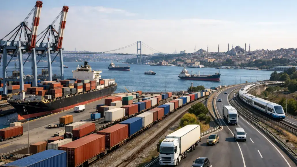 Busy port scene with stacked shipping containers, large cranes, and cargo ships in a bay, beside a coastal highway and rail line on the right.] }} (Note: The input requires a valid JSON with an array of strings in altTexts. Here is a corrected version.)Let's provide proper JSON.